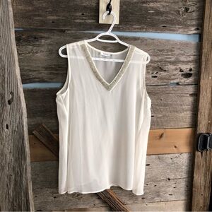 RICKI'S Size Large White Semi Sheer, Beaded V-Neck Sleeveless Blouse